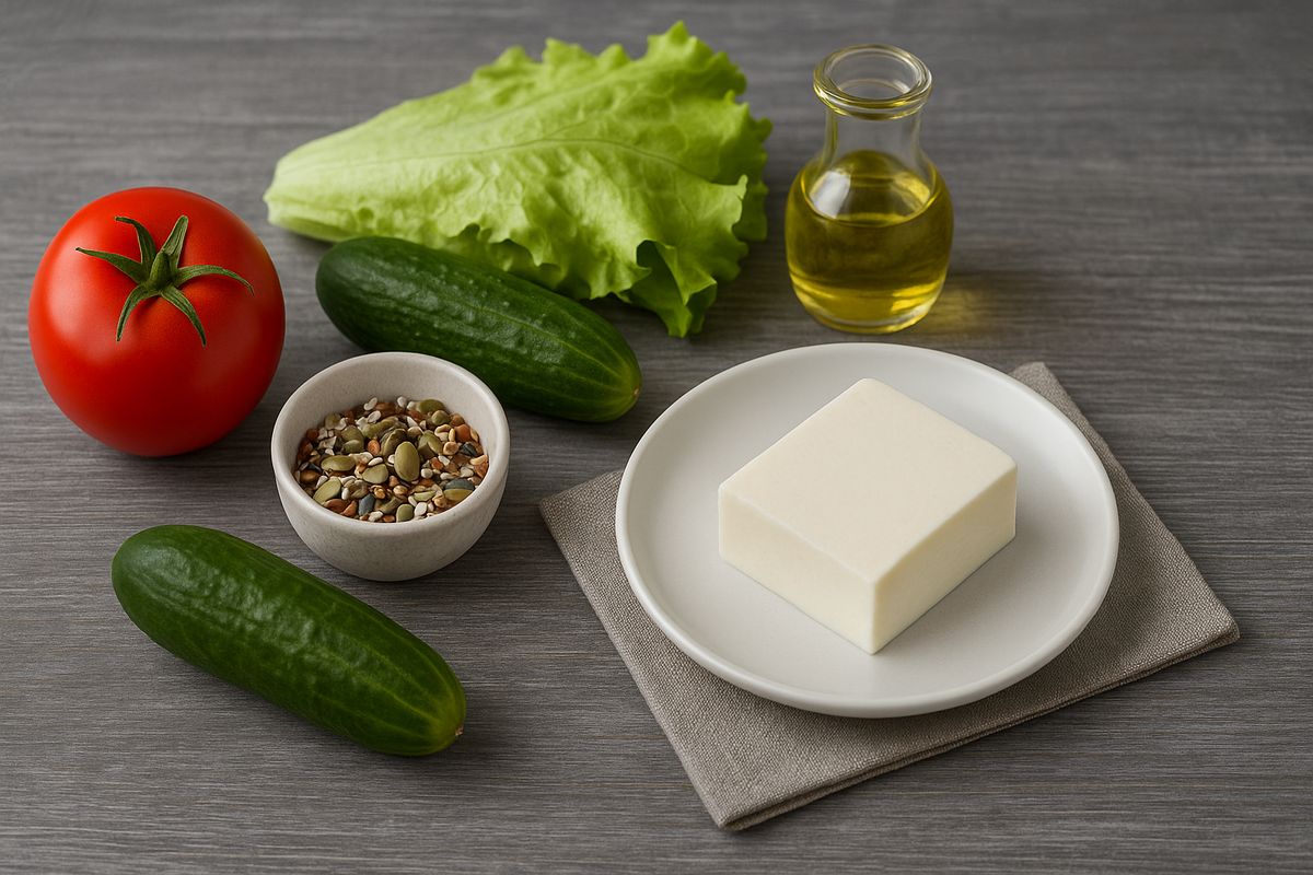 Летний салат с творожным сыром и семенами для кухни в стиле фреш